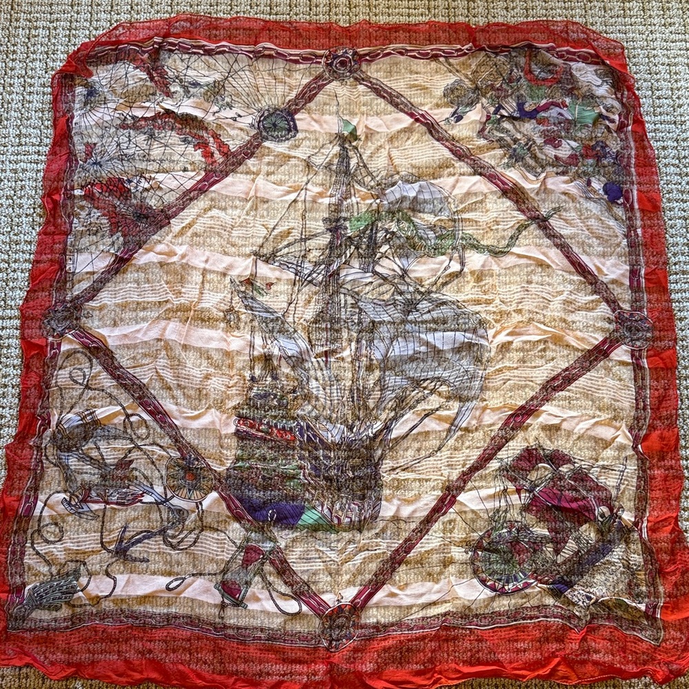 Nautical Themed Sheer Scarf with Red Border